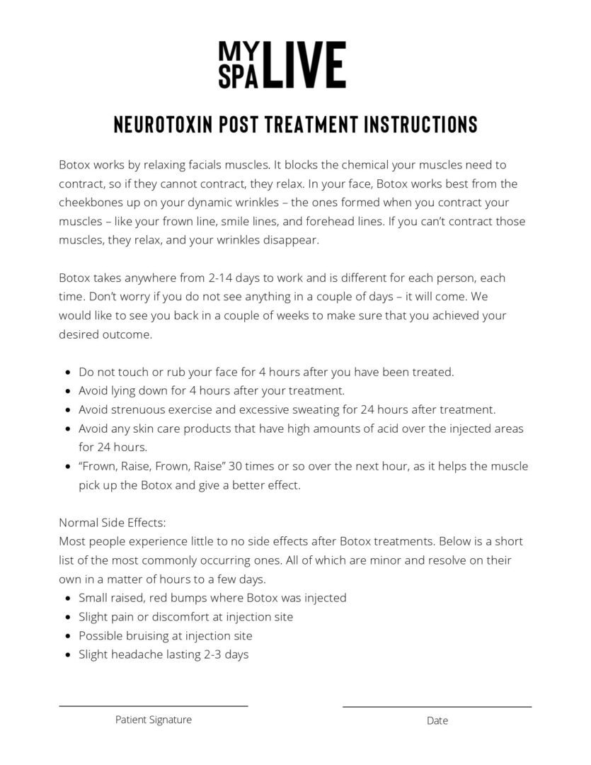 A page of instructions for neurotoxin post treatment.
